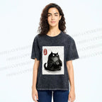 Unisex Vintage Japanese Funny Cat Printed Washed Tee