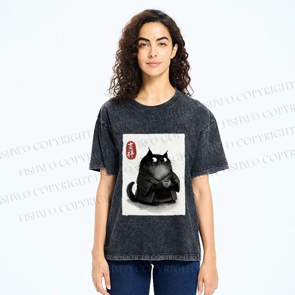 Unisex Vintage Japanese Funny Cat Printed Washed Tee