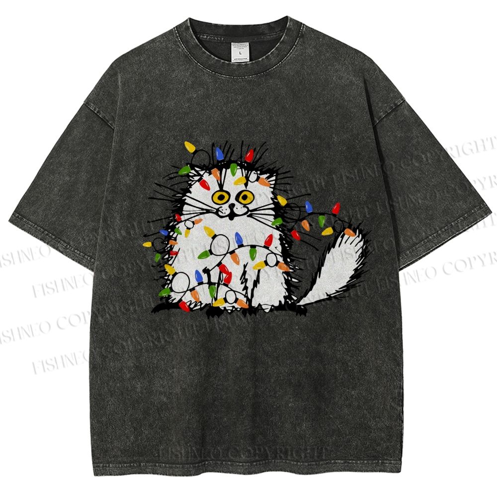 Unisex Funny Cat Printed Washed Tee