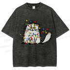 Unisex Funny Cat Printed Washed Tee