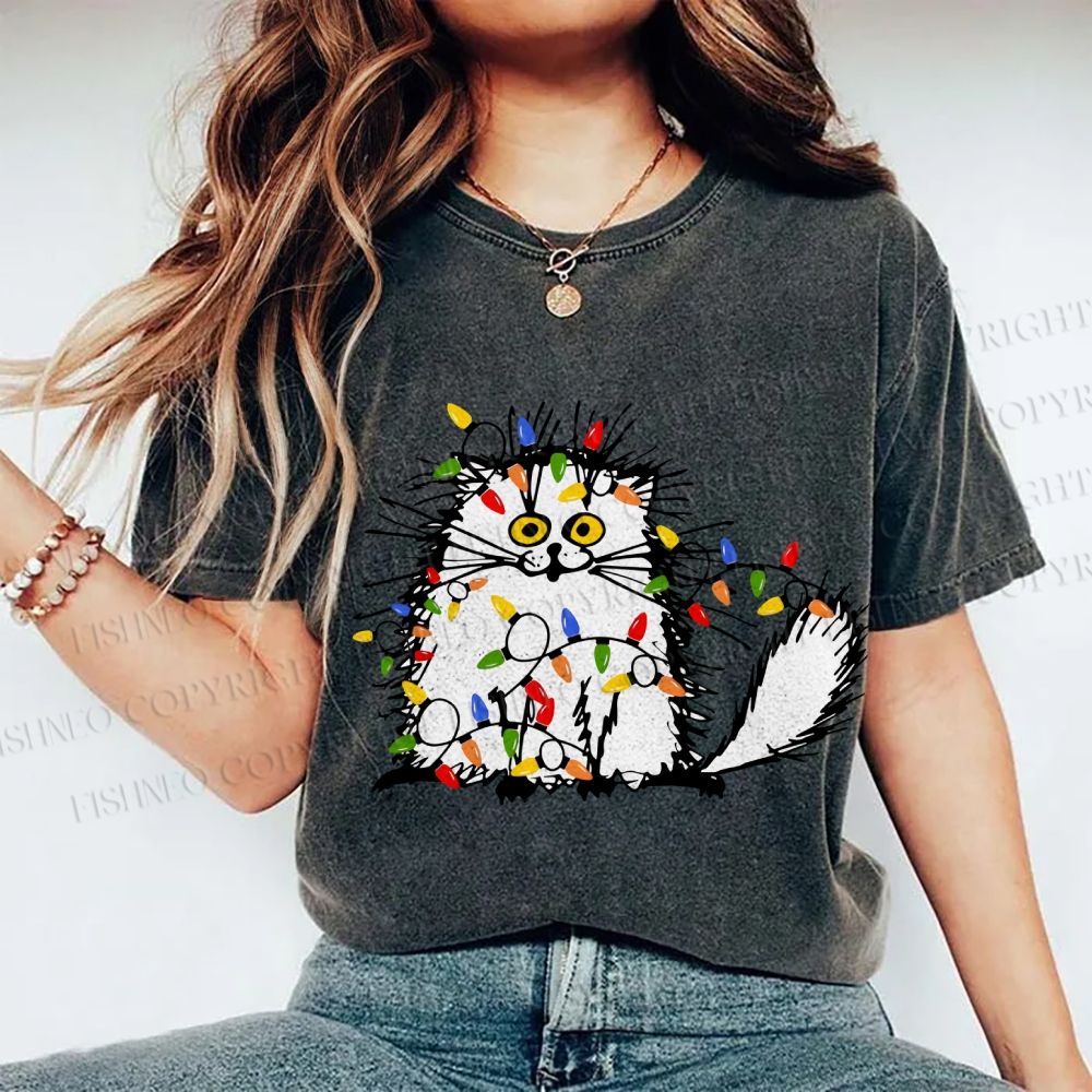 Unisex Funny Cat Printed Washed Tee