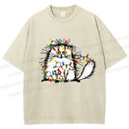 Unisex Funny Cat Printed Washed Tee