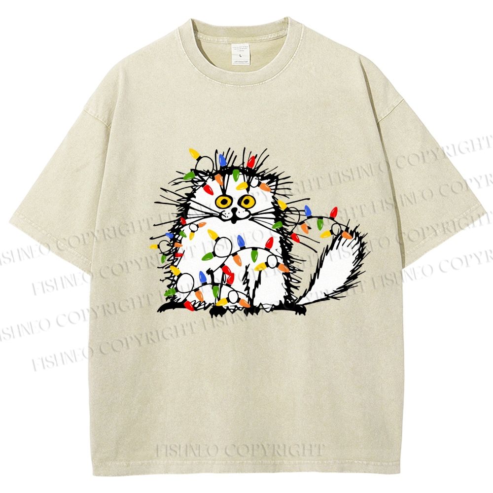 Unisex Funny Cat Printed Washed Tee