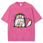 Unisex Funny Cat Printed Washed Tee