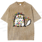 Unisex Funny Cat Printed Washed Tee