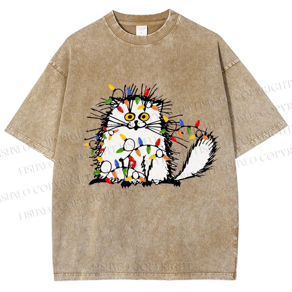 Unisex Funny Cat Printed Washed Tee