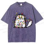 Unisex Funny Cat Printed Washed Tee