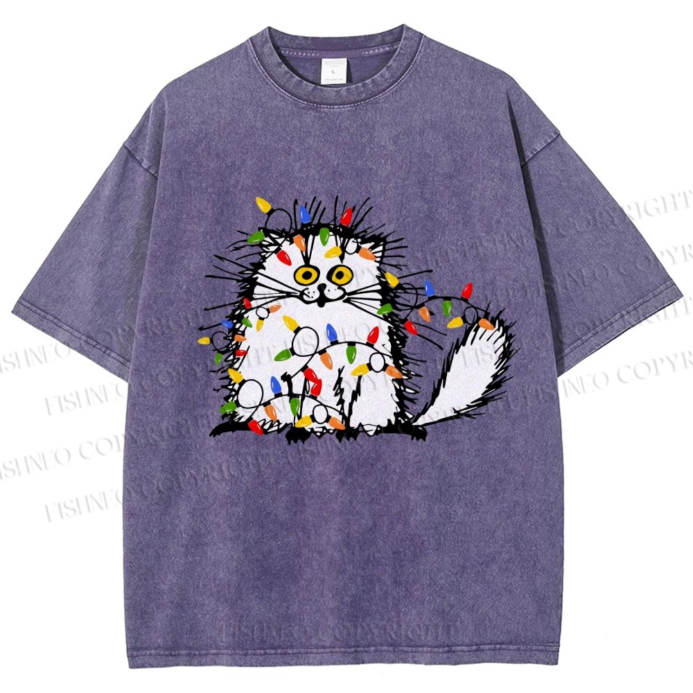 Unisex Funny Cat Printed Washed Tee