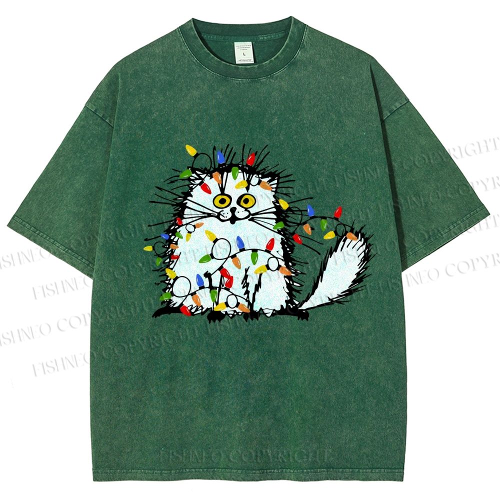 Unisex Funny Cat Printed Washed Tee