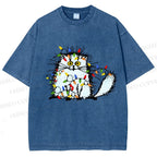 Unisex Funny Cat Printed Washed Tee