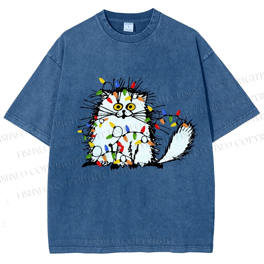 Unisex Funny Cat Printed Washed Tee
