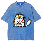 Unisex Funny Cat Printed Washed Tee