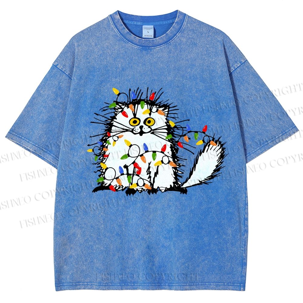 Unisex Funny Cat Printed Washed Tee