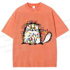 Unisex Funny Cat Printed Washed Tee