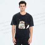 Unisex Funny Cat Printed Washed Tee