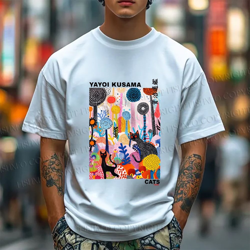 Unisex Yayoi Kusama Flower Cat Printed Classic Cotton T-shirt