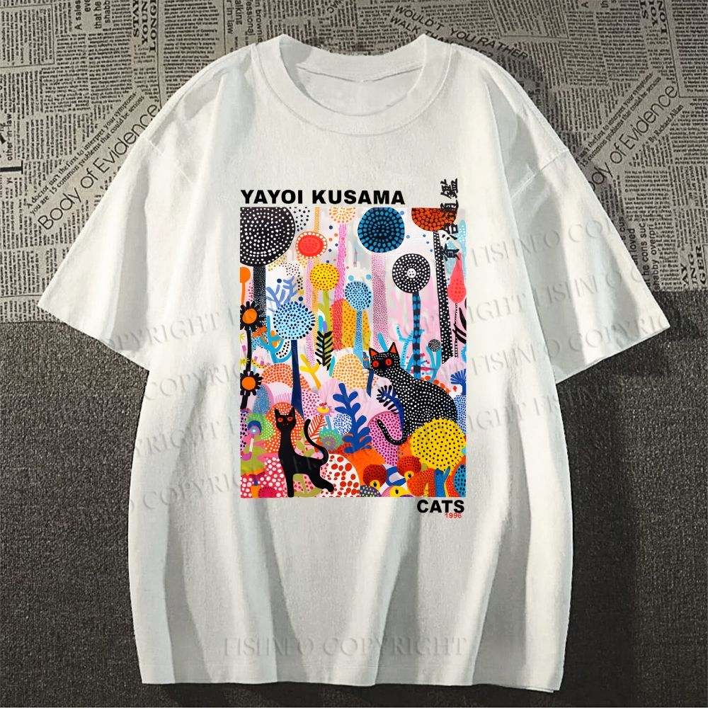 Unisex Yayoi Kusama Flower Cat Printed Classic Cotton T-shirt