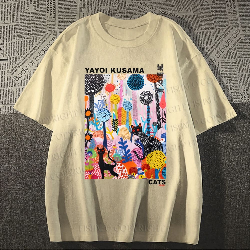Unisex Yayoi Kusama Flower Cat Printed Classic Cotton T-shirt