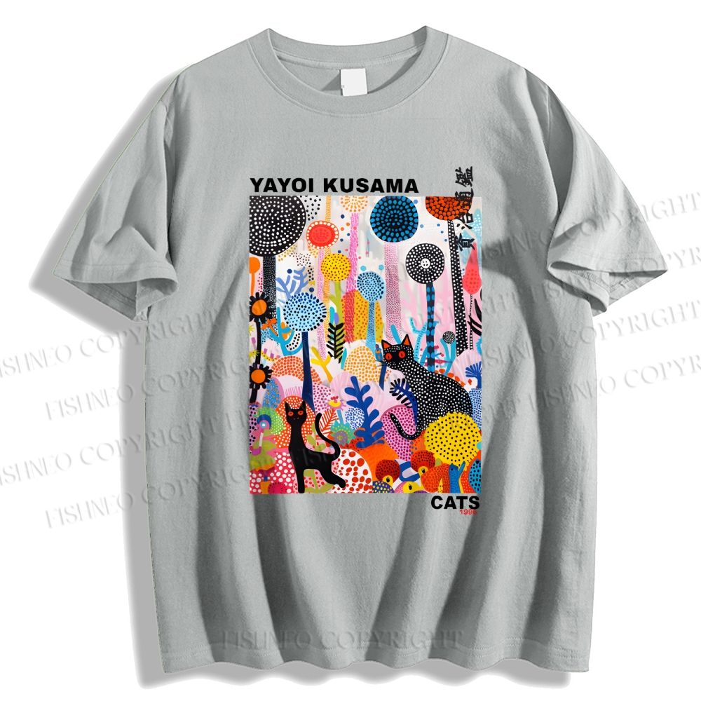 Unisex Yayoi Kusama Flower Cat Printed Classic Cotton T-shirt
