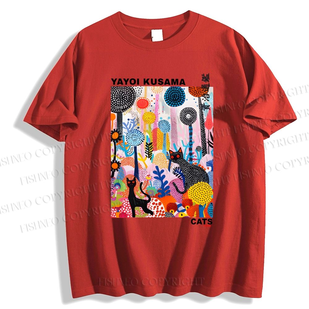 Unisex Yayoi Kusama Flower Cat Printed Classic Cotton T-shirt