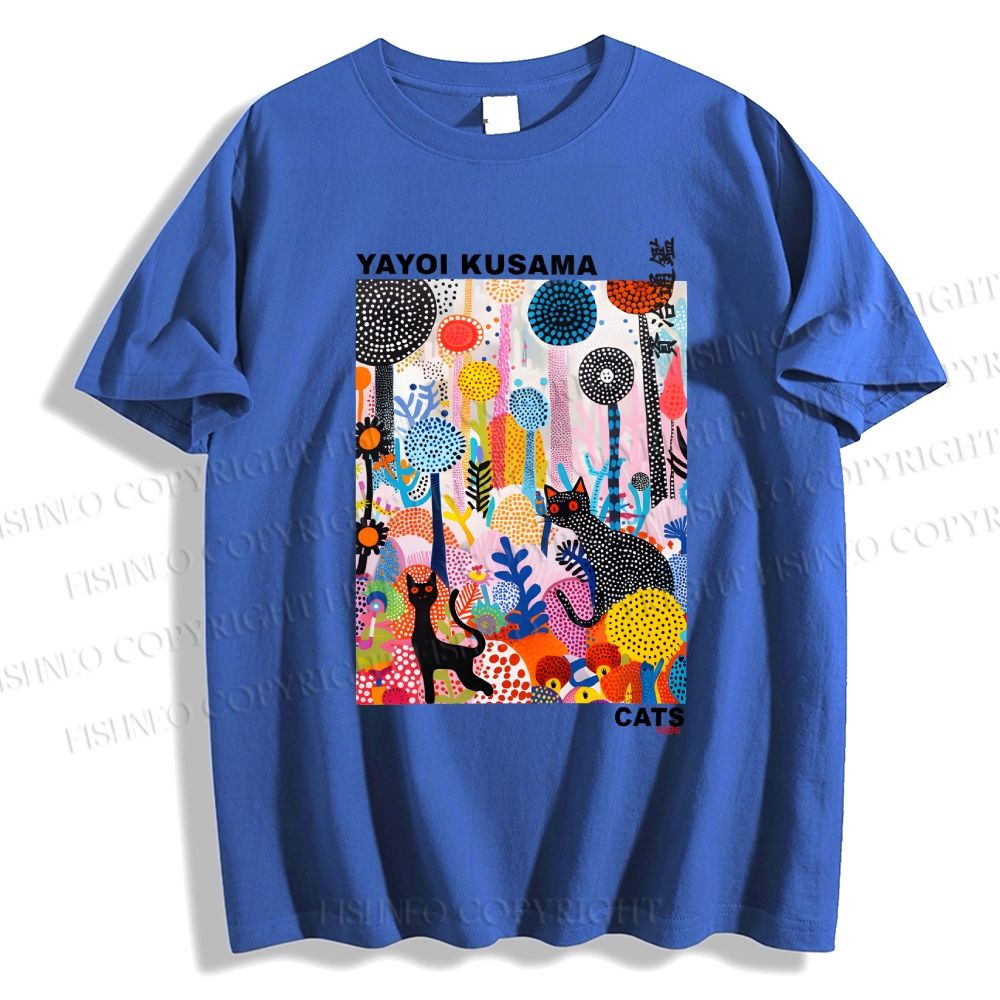 Unisex Yayoi Kusama Flower Cat Printed Classic Cotton T-shirt