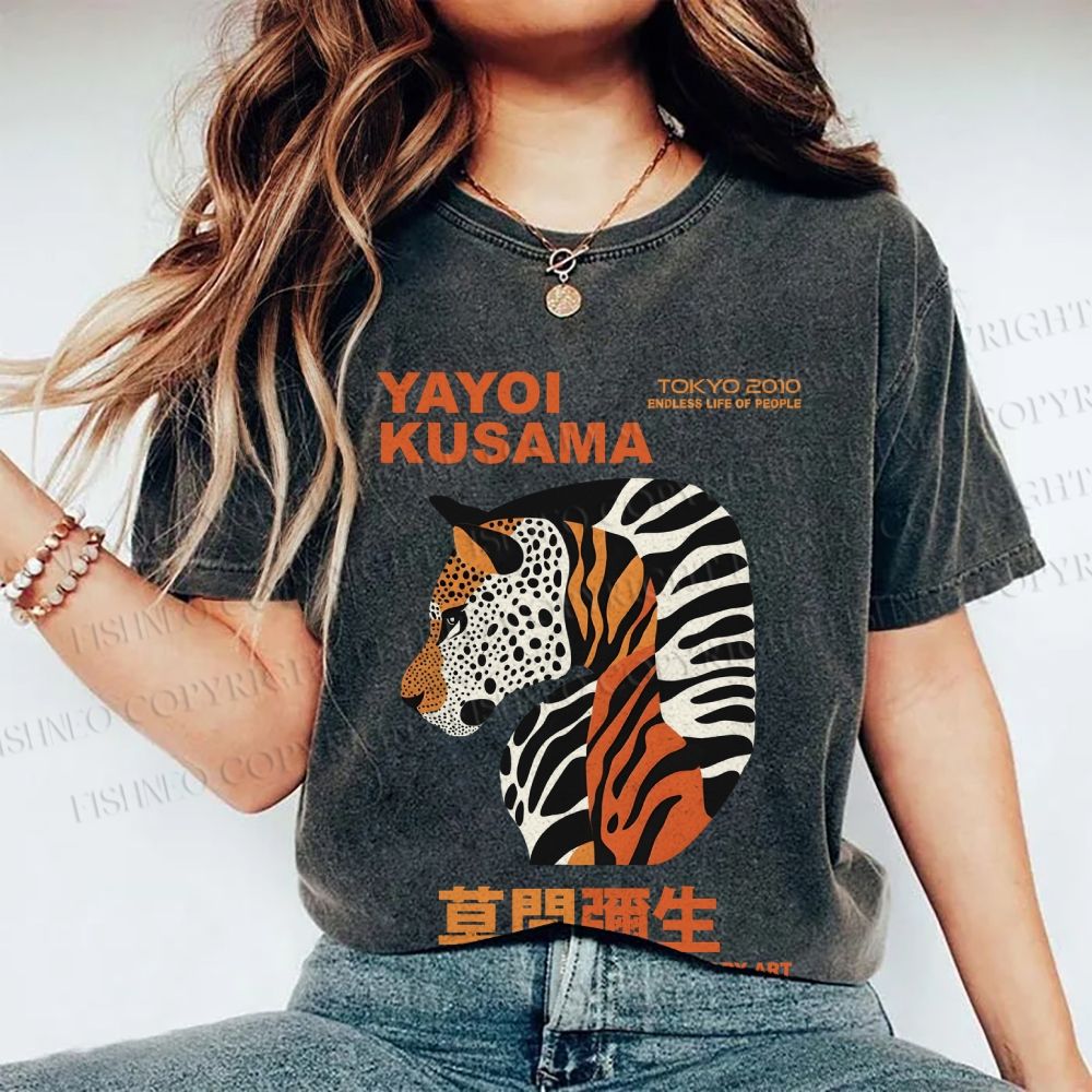 Unisex Japanese Yayoi Kusama Panther Printed Washed Tee