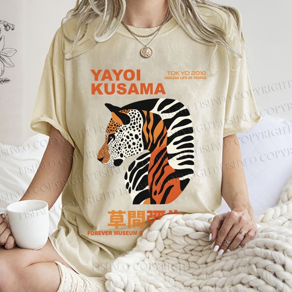 Unisex Japanese Yayoi Kusama Panther Printed Washed Tee