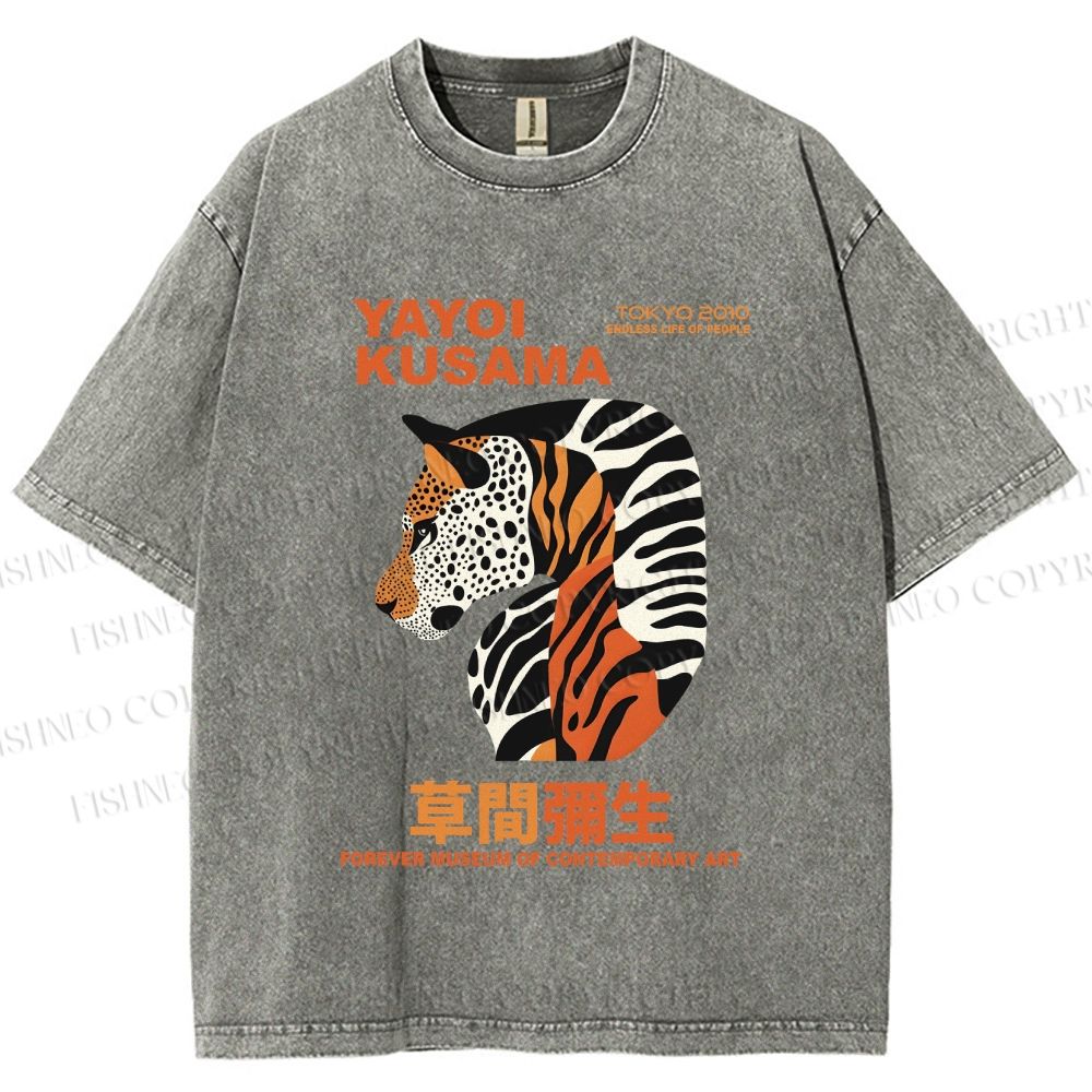 Unisex Japanese Yayoi Kusama Panther Printed Washed Tee