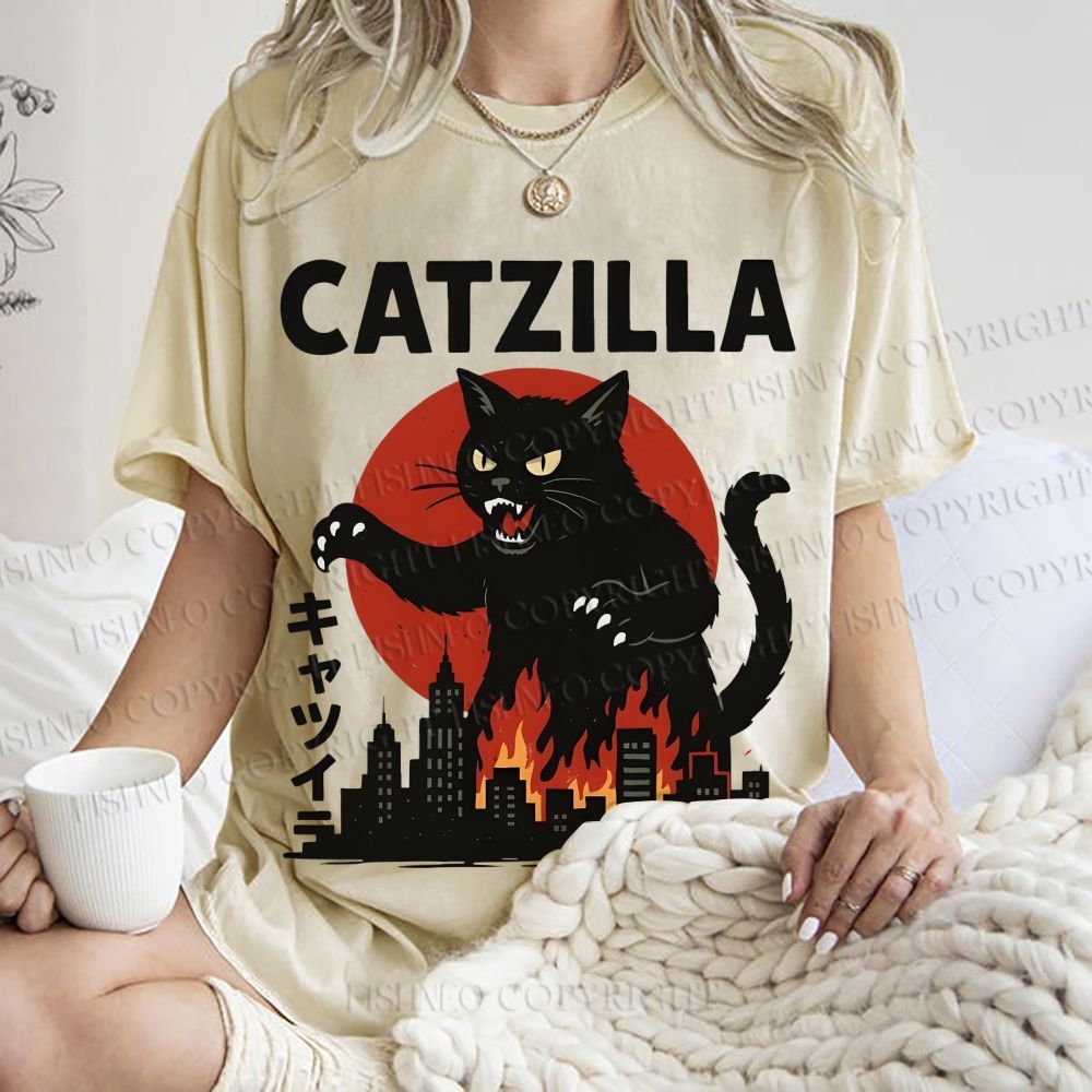 Unisex Catzilla Printed Washed Tee