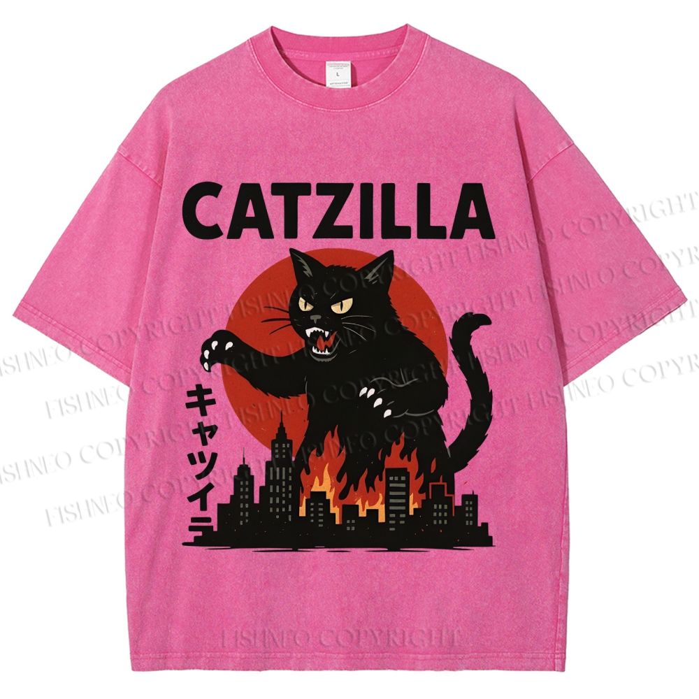 Unisex Catzilla Printed Washed Tee