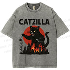 Unisex Catzilla Printed Washed Tee