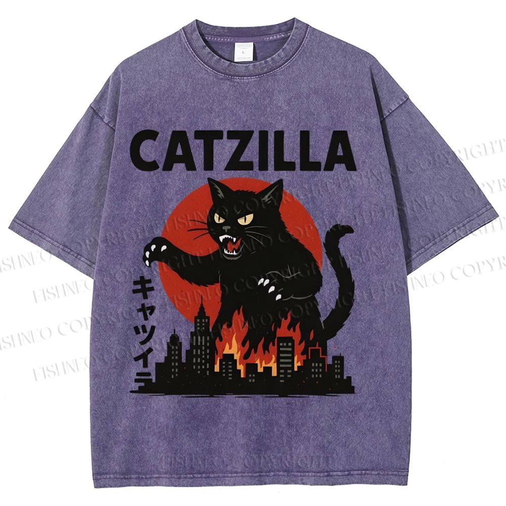 Unisex Catzilla Printed Washed Tee