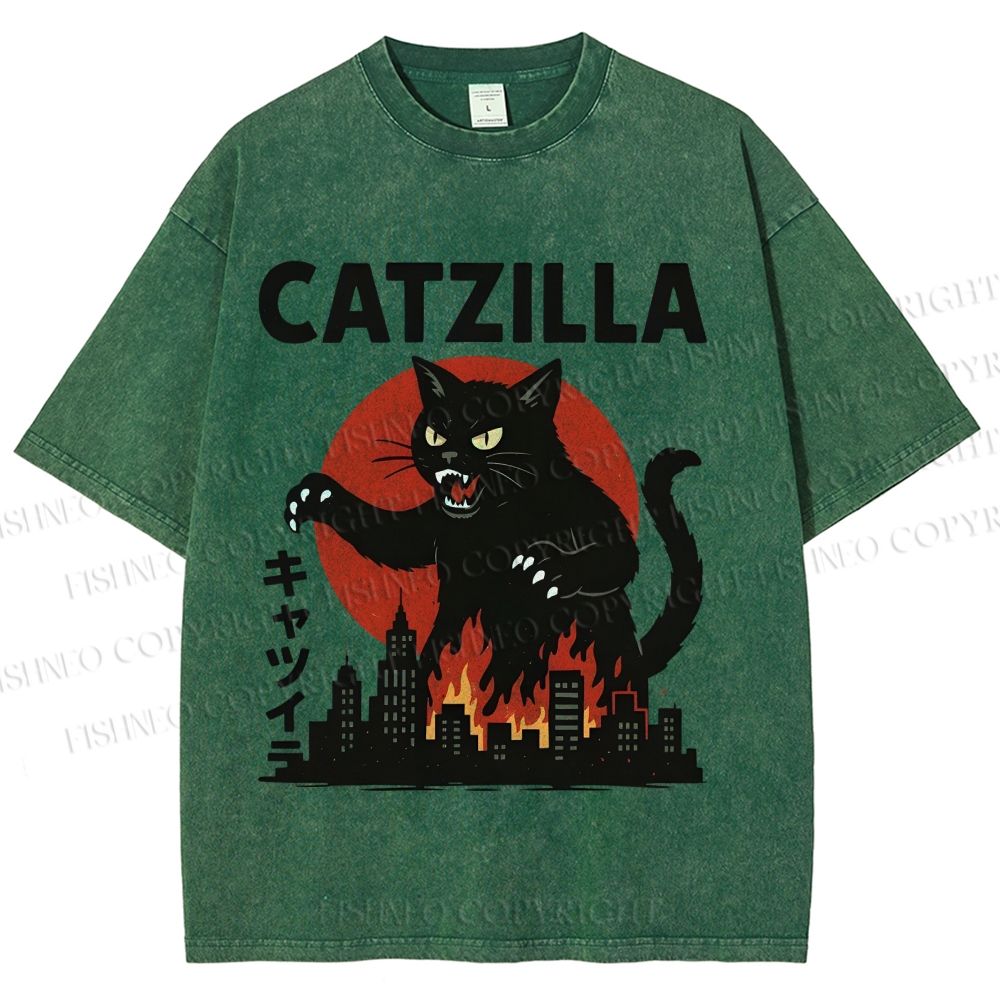 Unisex Catzilla Printed Washed Tee