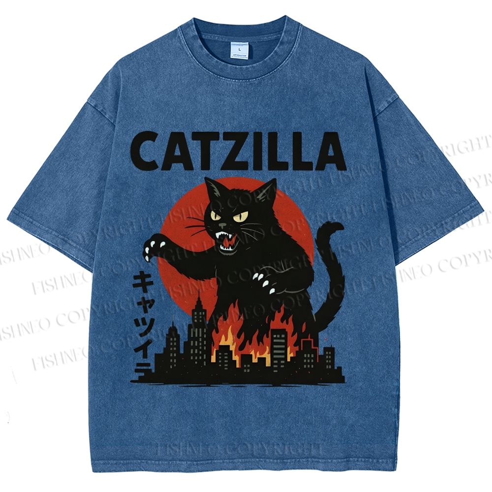 Unisex Catzilla Printed Washed Tee