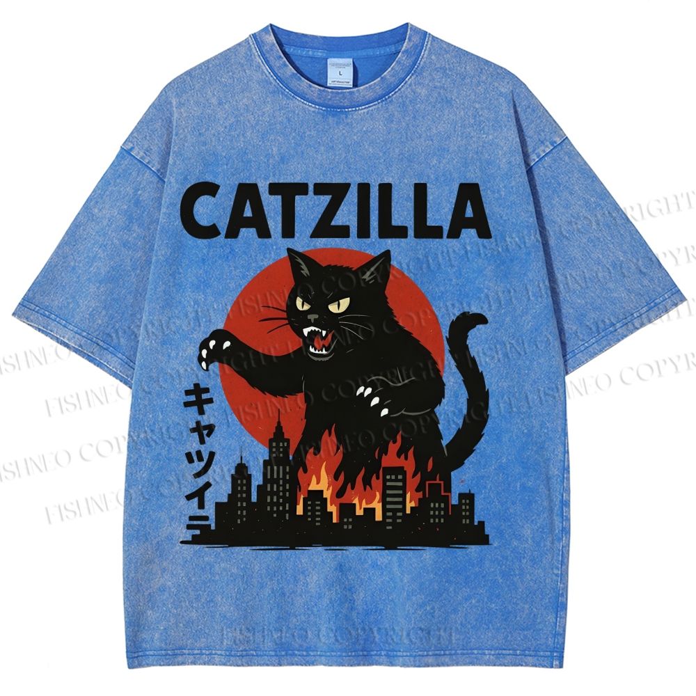 Unisex Catzilla Printed Washed Tee