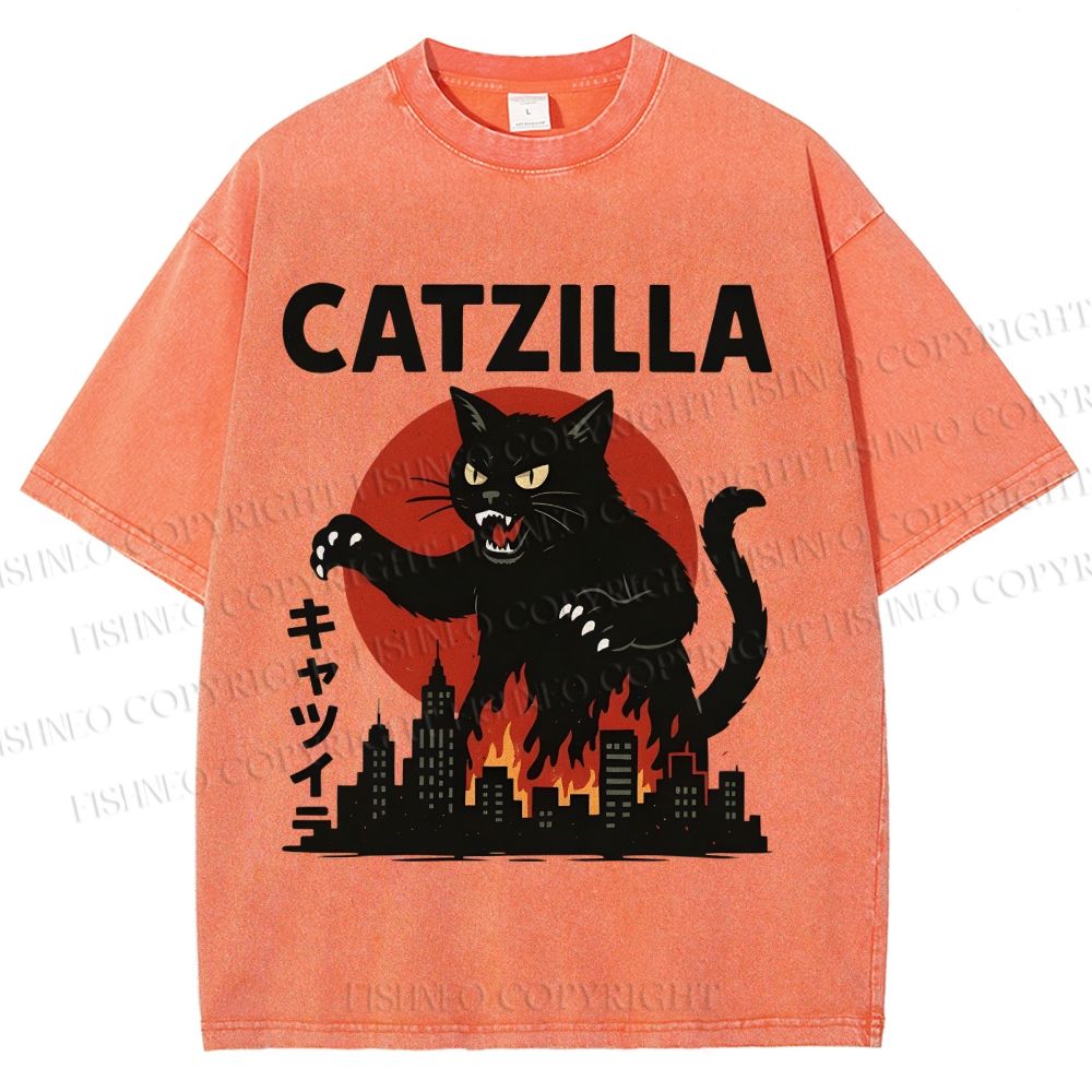 Unisex Catzilla Printed Washed Tee