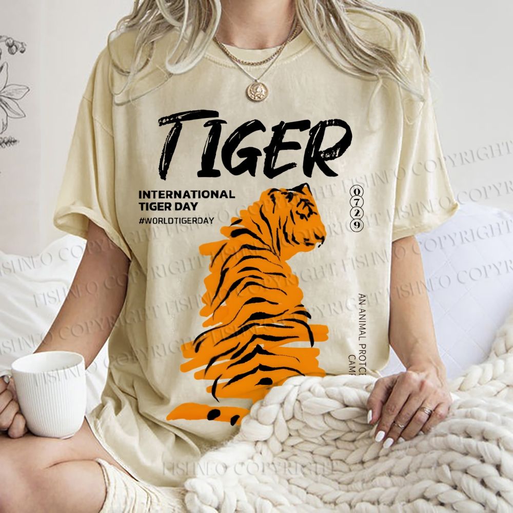 Unisex Tiger Printed Washed Tee