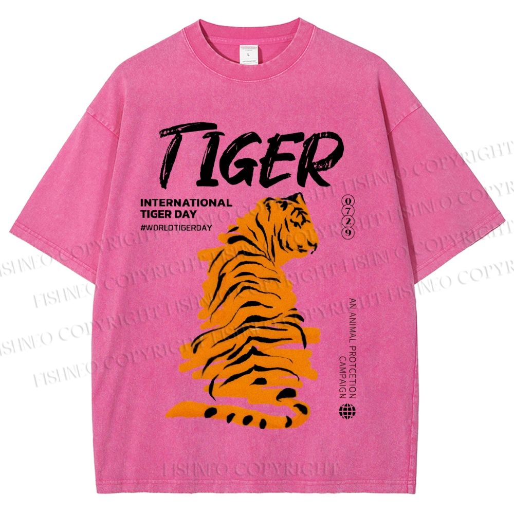 Unisex Tiger Printed Washed Tee
