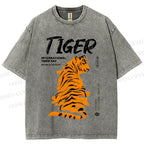 Unisex Tiger Printed Washed Tee