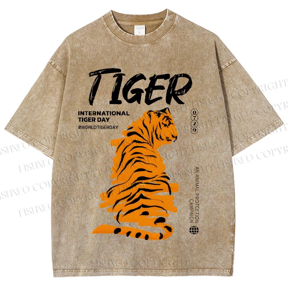Unisex Tiger Printed Washed Tee