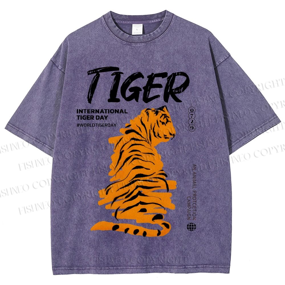 Unisex Tiger Printed Washed Tee