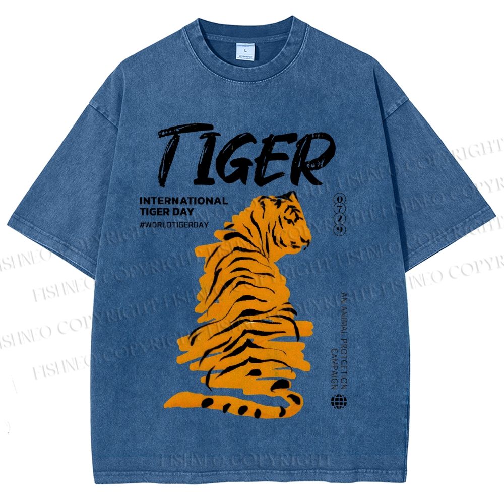 Unisex Tiger Printed Washed Tee
