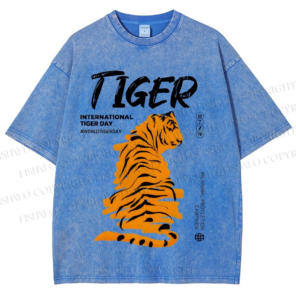 Unisex Tiger Printed Washed Tee