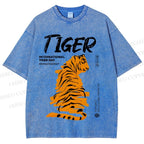 Unisex Tiger Printed Washed Tee