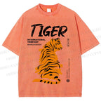 Unisex Tiger Printed Washed Tee