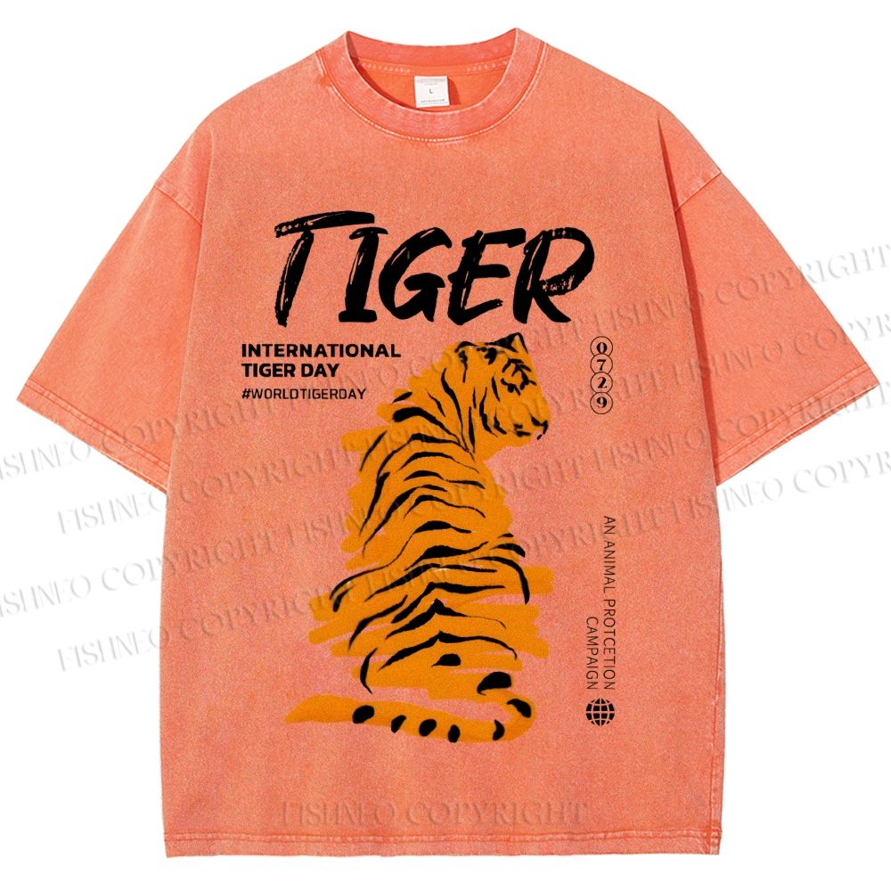 Unisex Tiger Printed Washed Tee