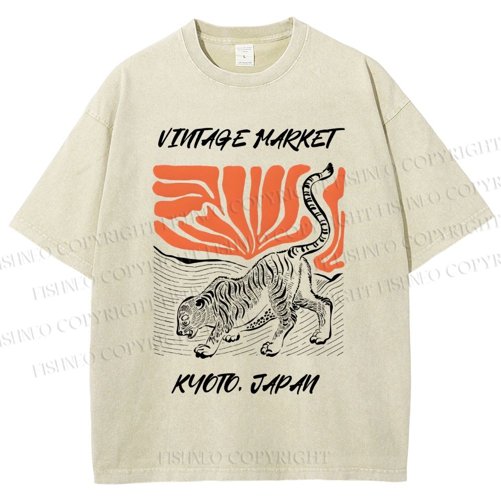 Unisex Japanese Tiger Printed Washed Tee
