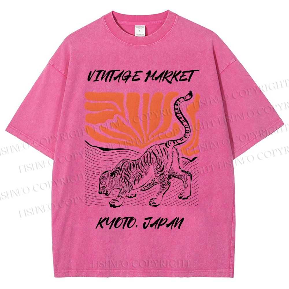 Unisex Japanese Tiger Printed Washed Tee