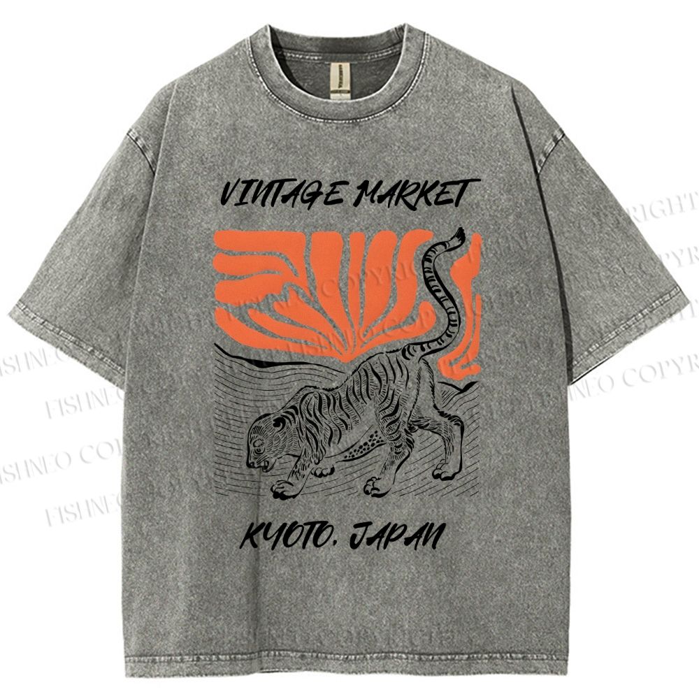 Unisex Japanese Tiger Printed Washed Tee