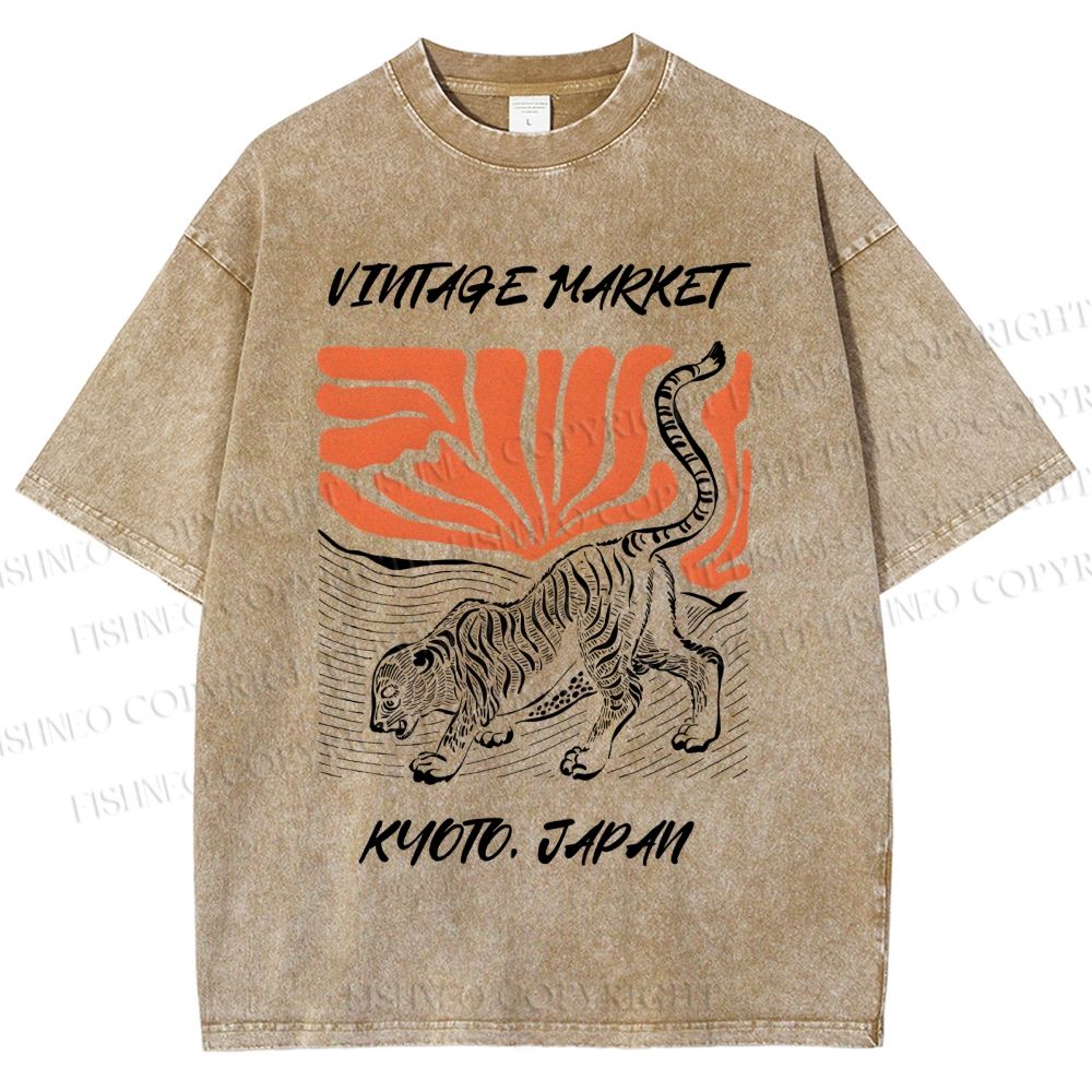 Unisex Japanese Tiger Printed Washed Tee